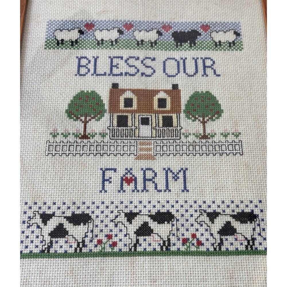 Vintage Cross Stitch God Bless Our Farm Farmhouse Cottage Grannycore Old Estate